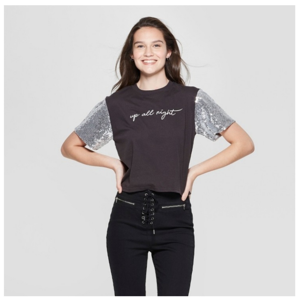 Up All Night Sequin Sleeve Crop Tee NWT